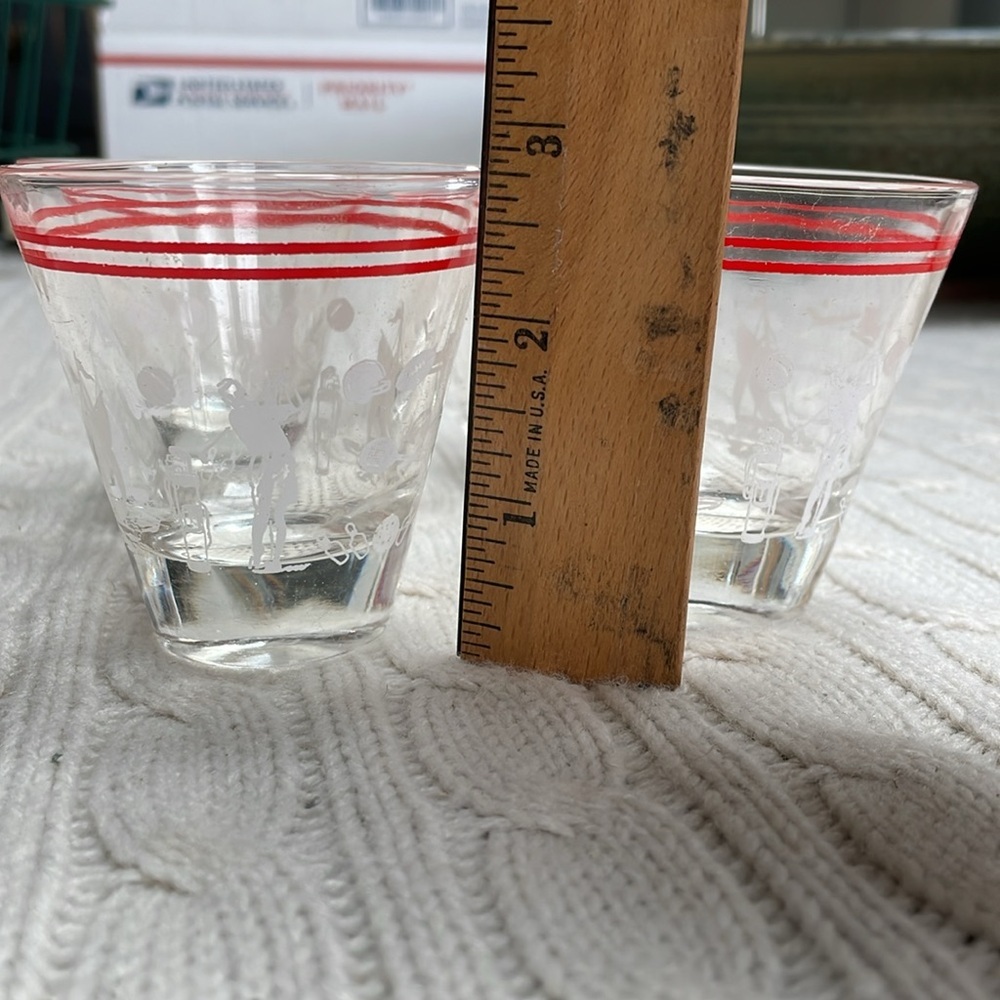 4 VTG MCM Hazel Atlas Sports Themed Cocktail/Double Shot Glasses Red Stripes - Picture 4 of 5